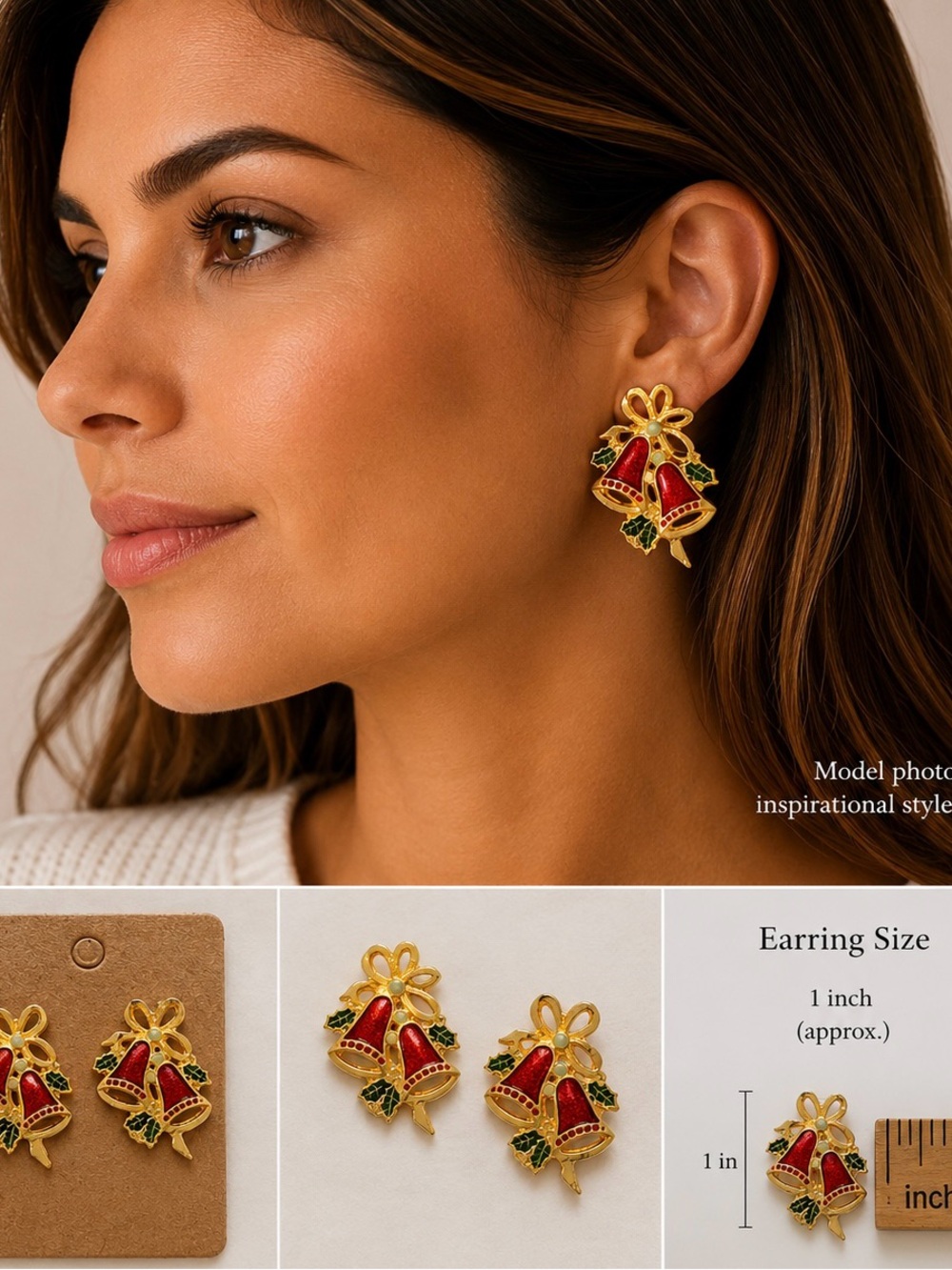 Vintage Christmas Bell Earrings Gold Tone Red Enamel Holiday Studs